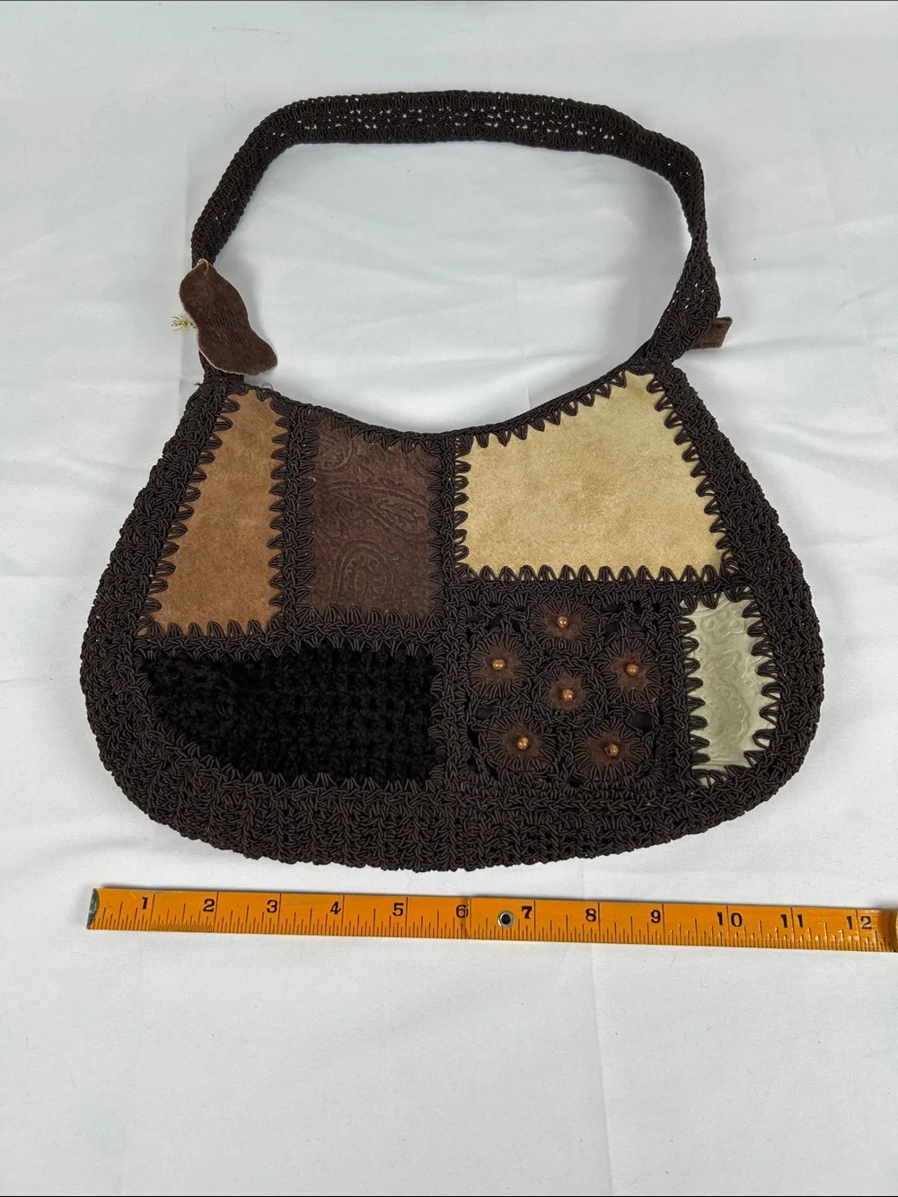Leather Suede Boho Knit Crochet Hobo Bag Brown Beaded